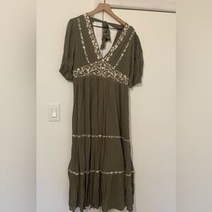 Baltic Born Olive maxi  Dress with Cream Embroidery